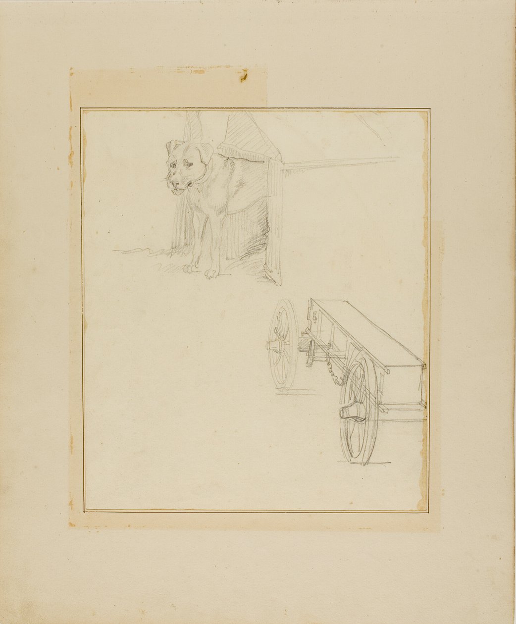 Hund im Hundehäuschen stehend und Studie eines Munitionswagens von Jean Louis André Théodore Géricault
