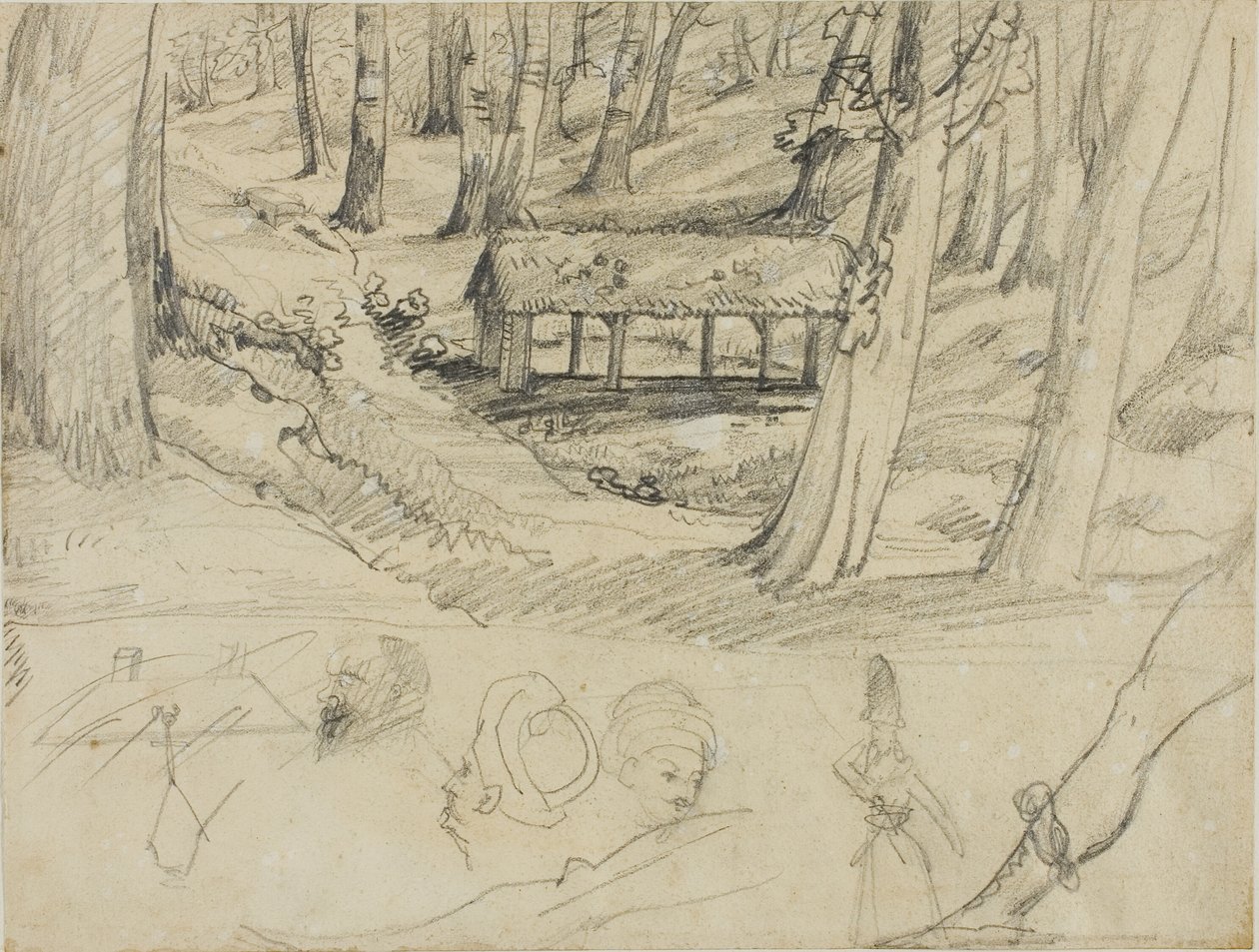 Waldinneres mit Strohhütte und andere Skizzen von Jean Louis André Théodore Géricault