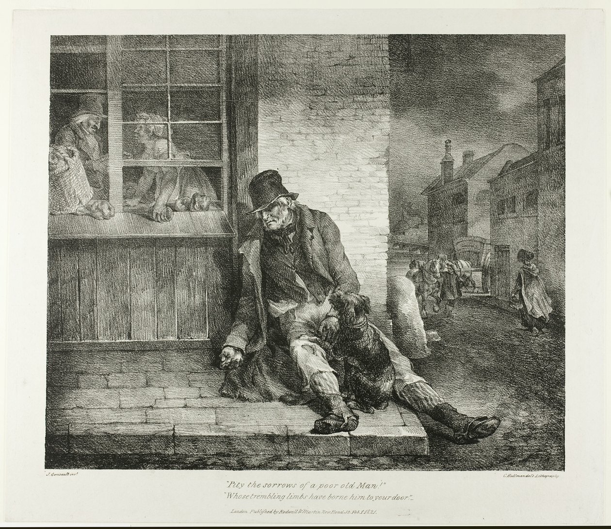 Erbarmt euch der Leiden eines armen alten Mannes!... Platte 2 aus Verschiedene Motive nach dem Leben auf Stein gezeichnet von Jean Louis André Théodore Géricault