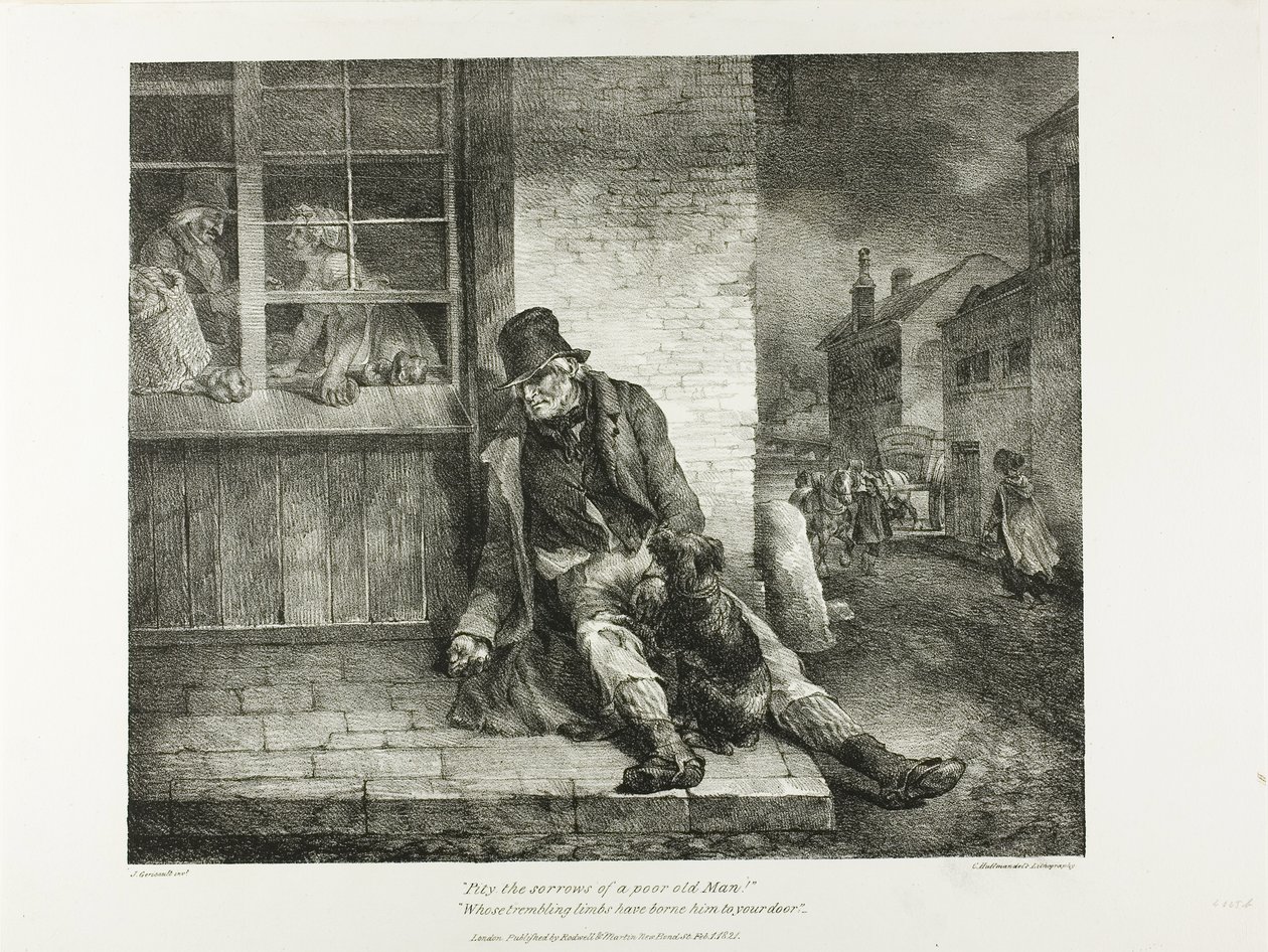 Bedauere die Sorgen eines armen alten Mannes!... Platte 2 aus Verschiedene Motive aus dem Leben gezeichnet und auf Stein (Die englische Suite) von Jean Louis André Théodore Géricault