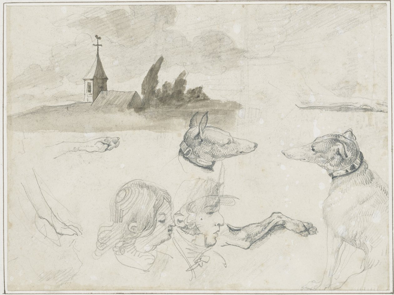 Blatt mit Skizzen: Windhunde; Ein männlicher und ein weiblicher Kopf von Jean Louis André Théodore Géricault