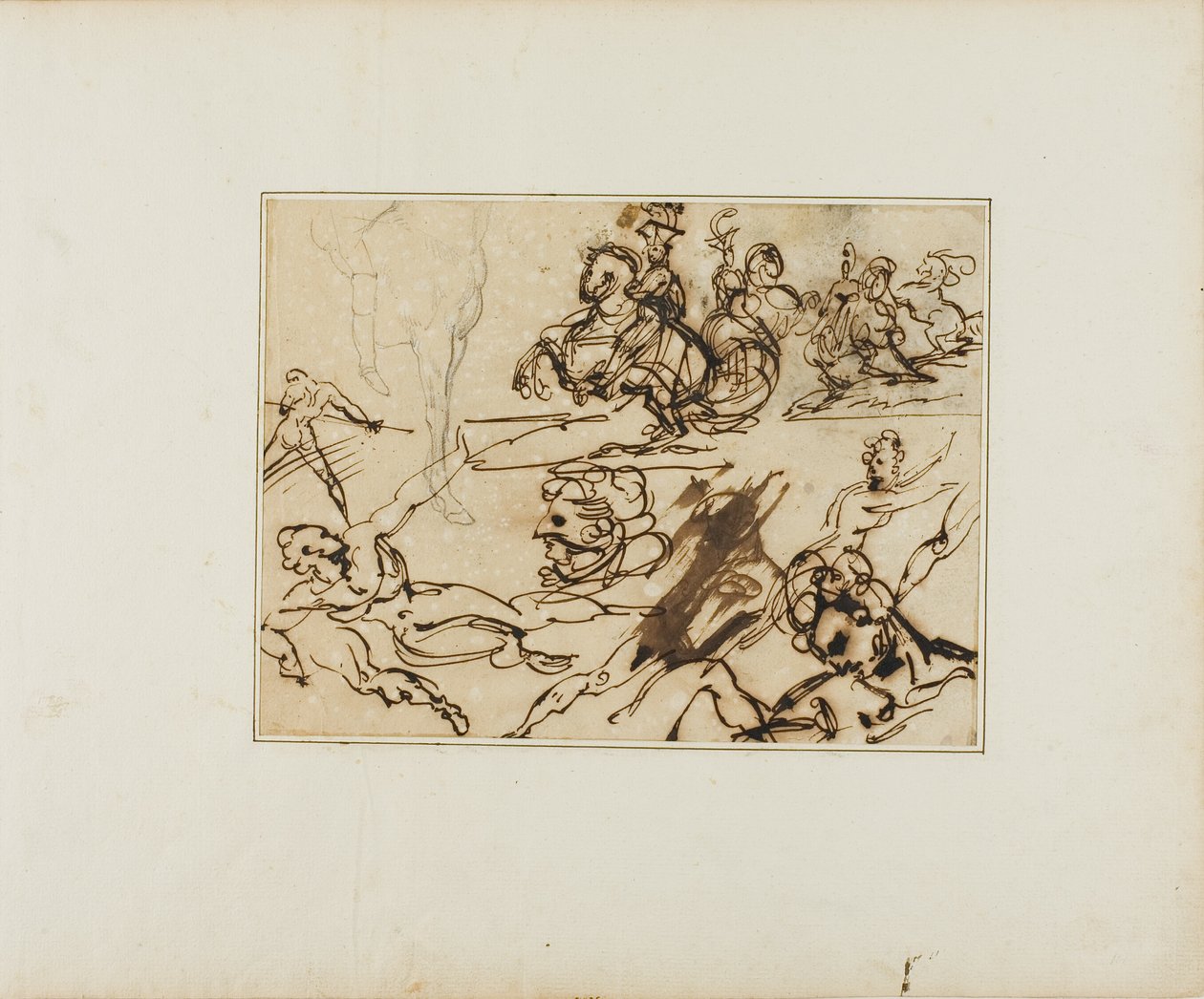 Blatt mit Skizzen: Lanzenreiter, kämpfende Nackte, andere Themen von Jean Louis André Théodore Géricault