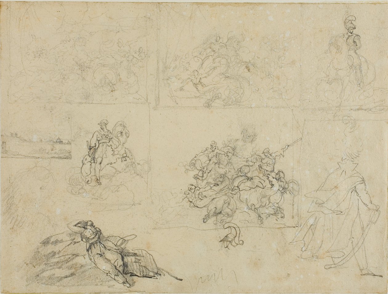 Skizzen einer Kavallerieschlacht, Soldaten und einer Landschaft von Jean Louis André Théodore Géricault