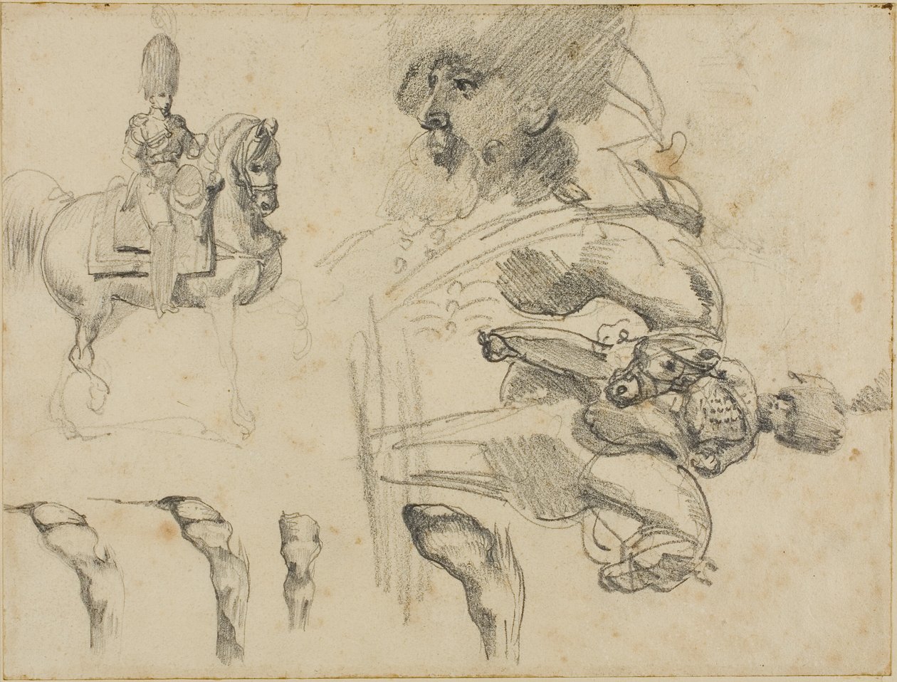 Skizzen von Pferden, Soldaten und Hufen von Jean Louis André Théodore Géricault