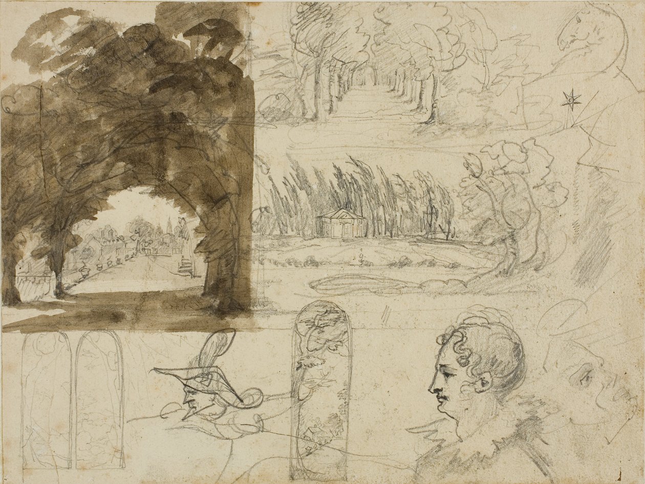 Skizzen von Parkansichten, Köpfen, ein Pferd von Jean Louis André Théodore Géricault