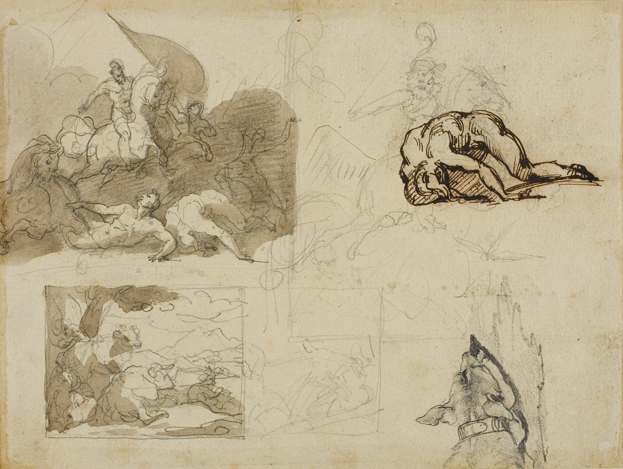 Skizzen einer Kavallerieschlacht, eine Landschaft mit Kühen und andere Kompositionen von Jean Louis André Théodore Géricault