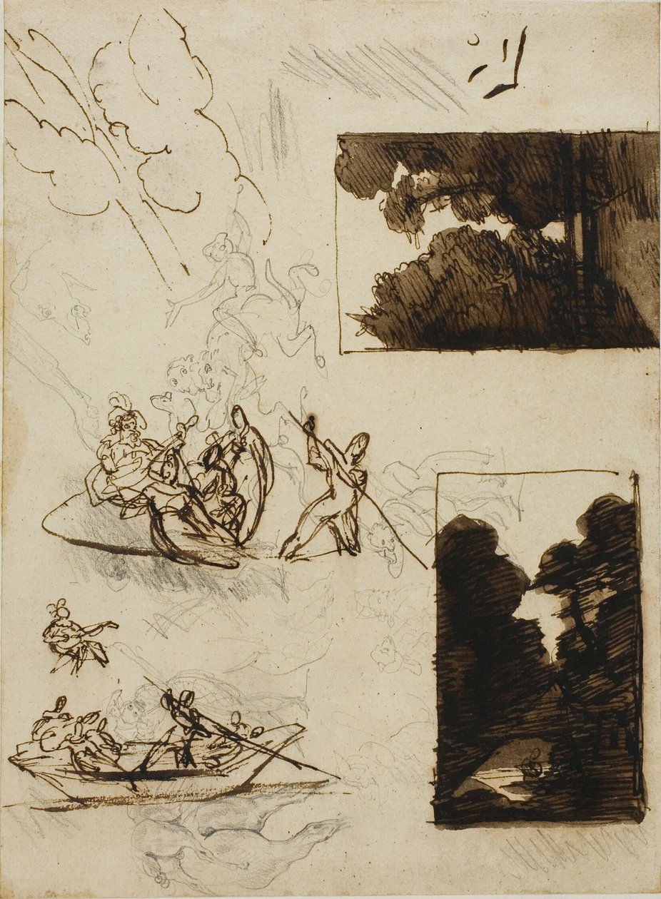 Skizzen eines Waldpfades und einer musikalischen Bootsparty von Jean Louis André Théodore Géricault