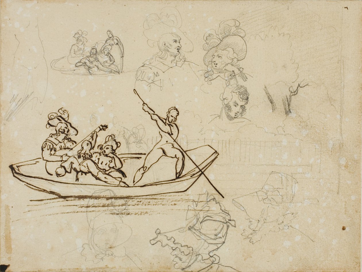 Skizzen einer musikalischen Bootsfahrt und einer Frau mit hohem Hut von Jean Louis André Théodore Géricault