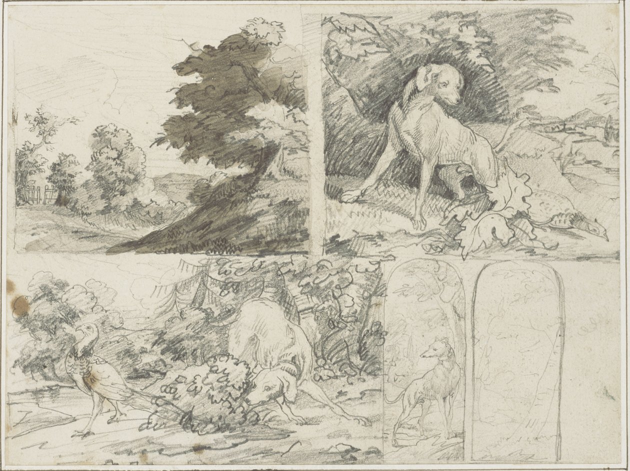 Skizzen eines bewaldeten Ortes, Hunde und Fasane in der Landschaft von Jean Louis André Théodore Géricault