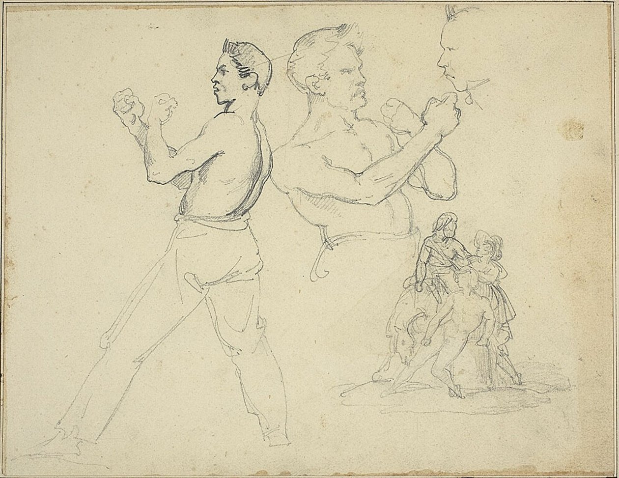 Studien von Boxern und Skizze eines Reiters mit zwei Begleitern von Jean Louis André Théodore Géricault