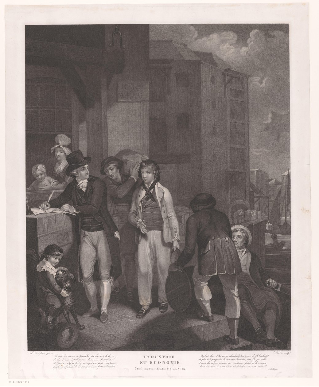 Gruppe von Figuren vor einem Lagerhaus in einem Hafen von Jean Louis Darcis