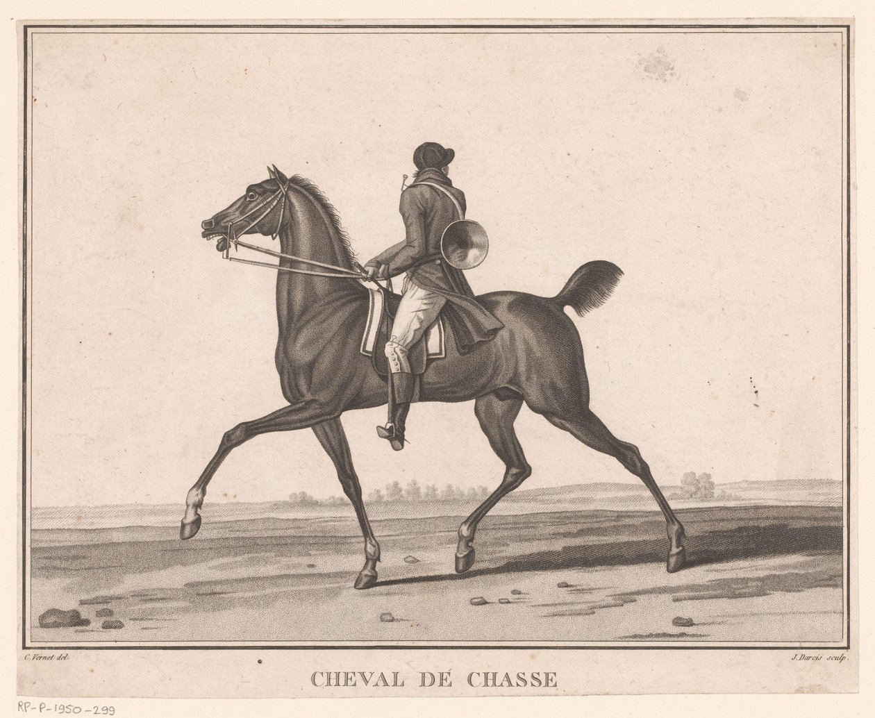 Reiter zu Pferd mit Jagdhorn von Jean Louis Darcis