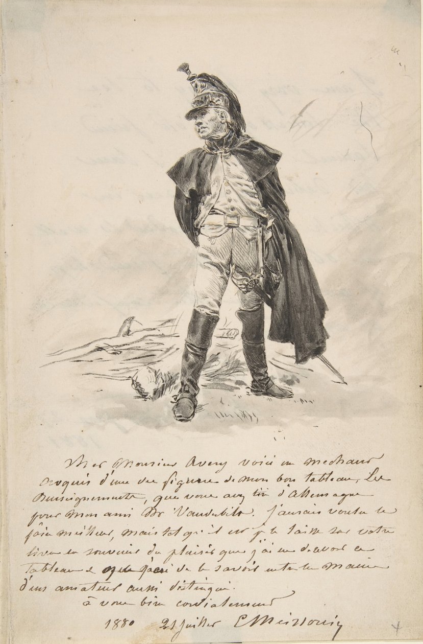 Brief an Samuel P. Avery mit einer Zeichnung einer Militärfigur, 1880 von Jean Louis Ernest Meissonier