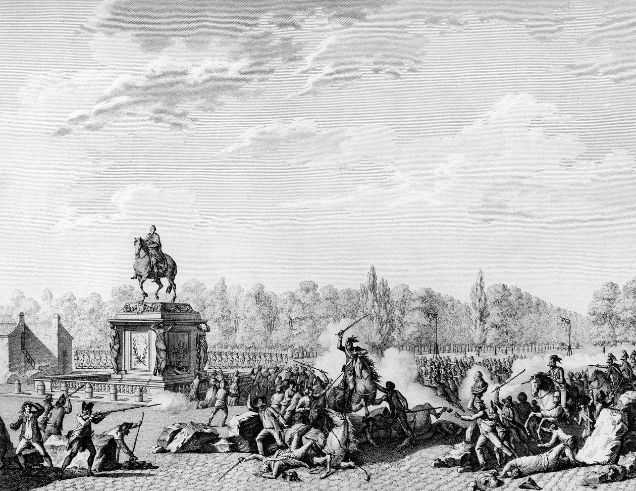 Französische Revolution: Place Louis XV, die Drachen von Charles Eugene de Lorraine, Prinz von Lambesc (1754-1825) griffen einen Umzug an, der die Büsten von Jacques Necker (1732-1804) und dem Herzog von Orleans am 12. Juli 1789 trug. Gravur von Berthaut n von Jean Louis II (after) Prieur
