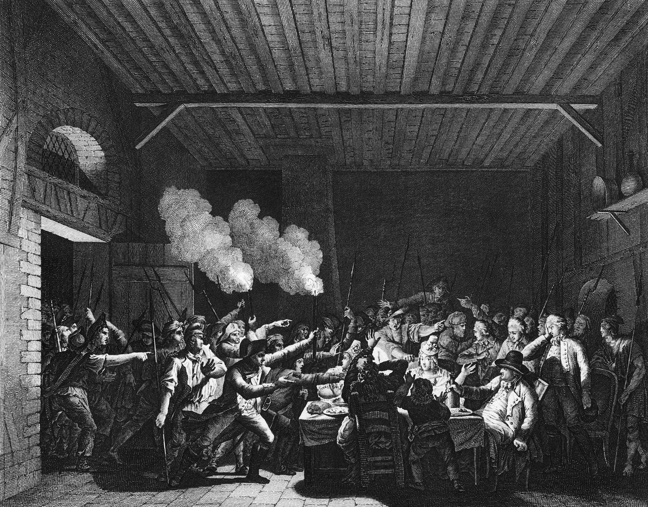 Französische Revolution: Die Patrioten von Varennes betreten den Lebensmittelladen Sauce und erkennen König Ludwig XVI. (1754-1793) auf der Flucht von Jean Louis II (after) Prieur