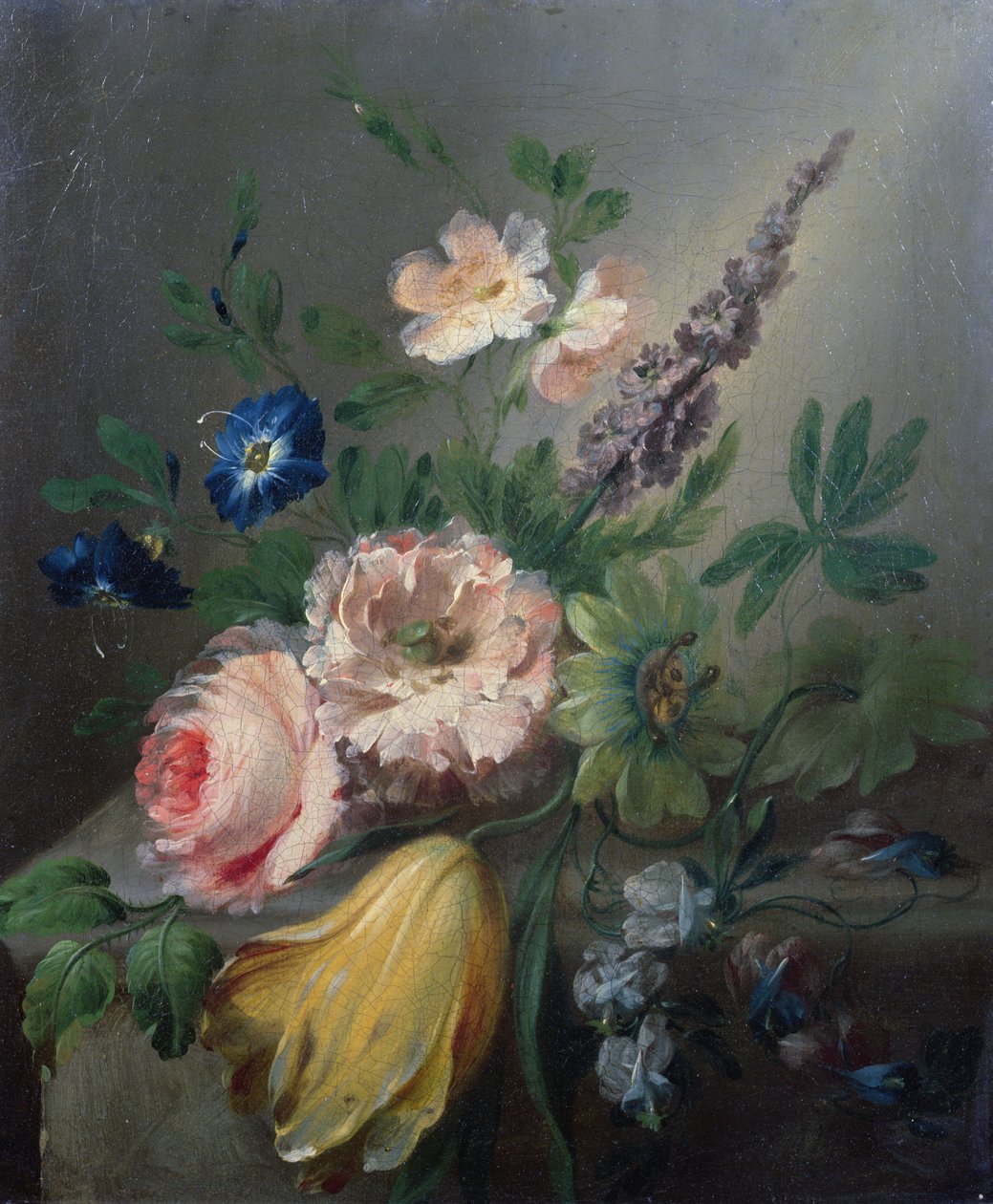 Stillleben mit Rosen, Passionsblumen, einer Tulpe und anderen Blumen auf einem Steinsims von Jean-Louis Prevost