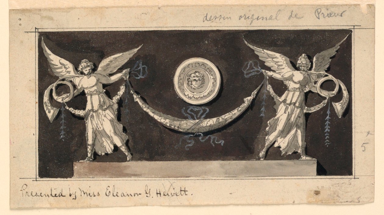 Dekoratives Panel: Ruhm stützen ein Feston unter einem Medaillon von Jean Louis Prieur the Younger
