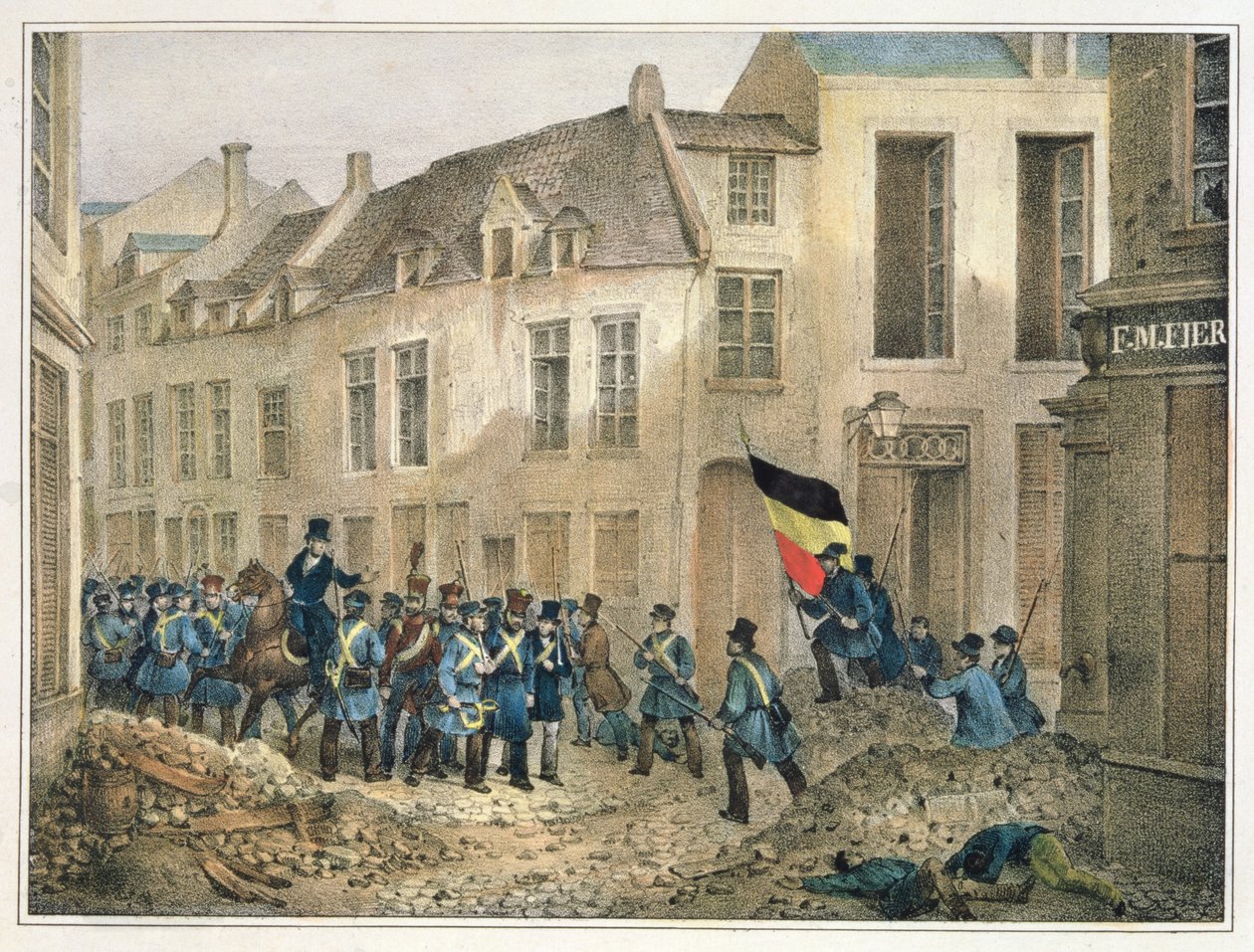 Die Rue de Louvain, Brüssel, 23. September 1830, graviert von A.M. Jobard von Jean Louis Van Hemelryck