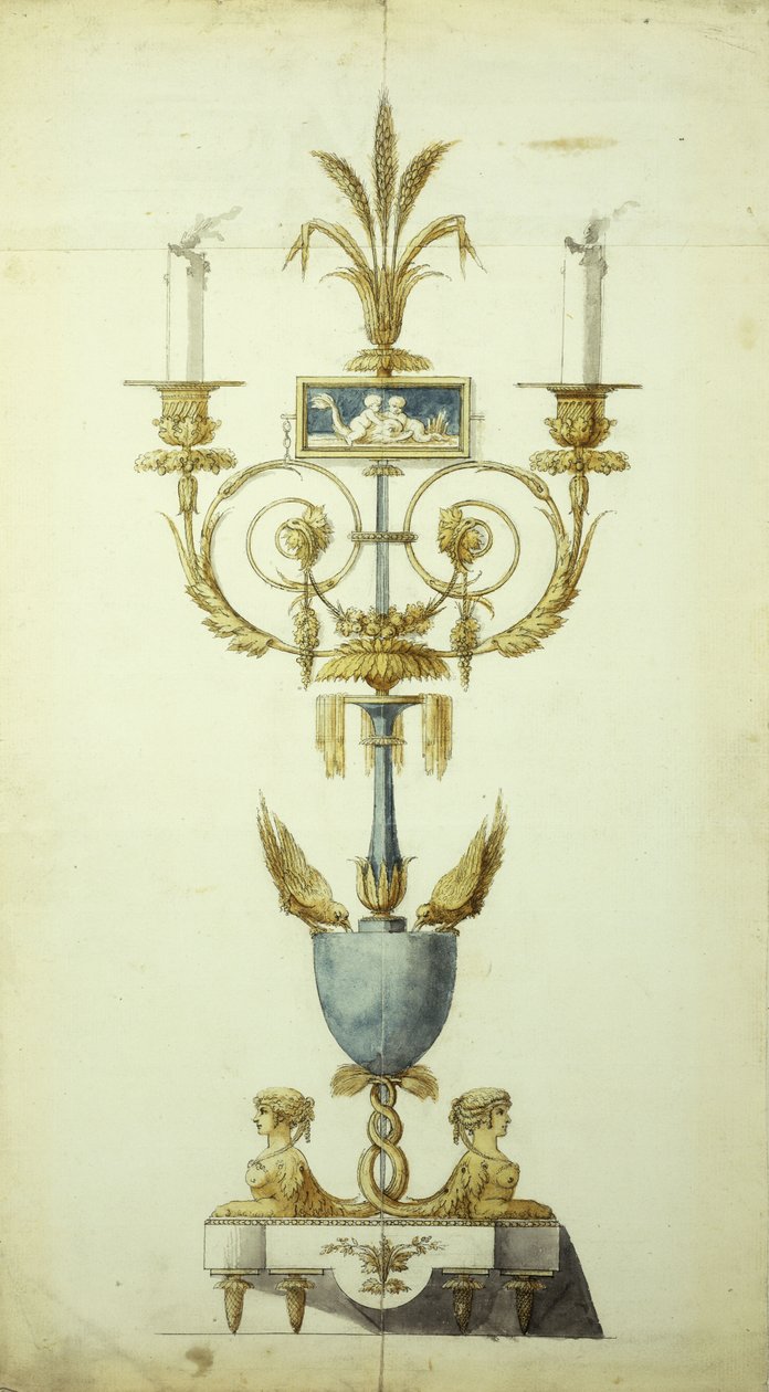 Entwurf für einen vergoldeten Bronze- und Emaille-Kandelaber von Jean Louis the Younger Prieur