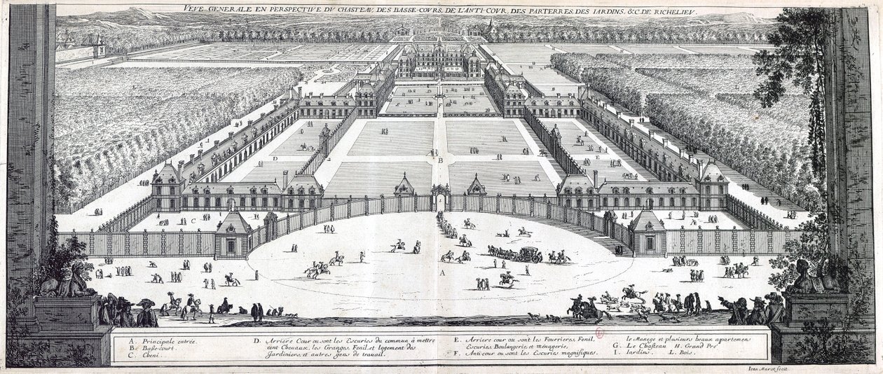 Allgemeine Ansicht des Schlosses, der Vorhöfe, des Vorplatzes, der Parterres, der Gärten usw. von Richelieu von Jean Marot
