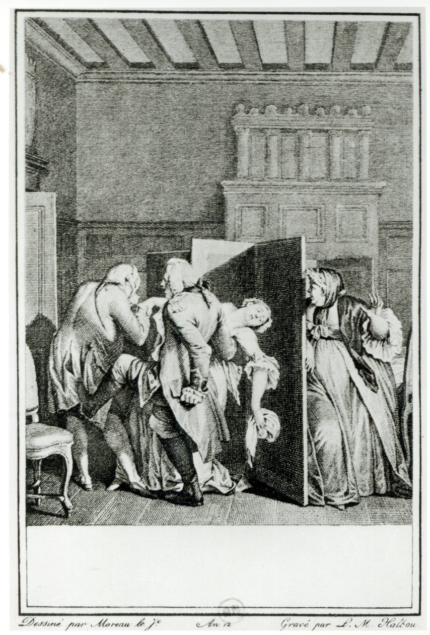 Der Baron... begrüßte Candide mit einigen bemerkenswerten Tritten auf den Hintern und warf ihn hinaus, Illustration aus Kapitel 1 von Candide von François Voltaire (1694-1778), graviert von Louis Michel Halbou von Jean Michel the Younger Moreau