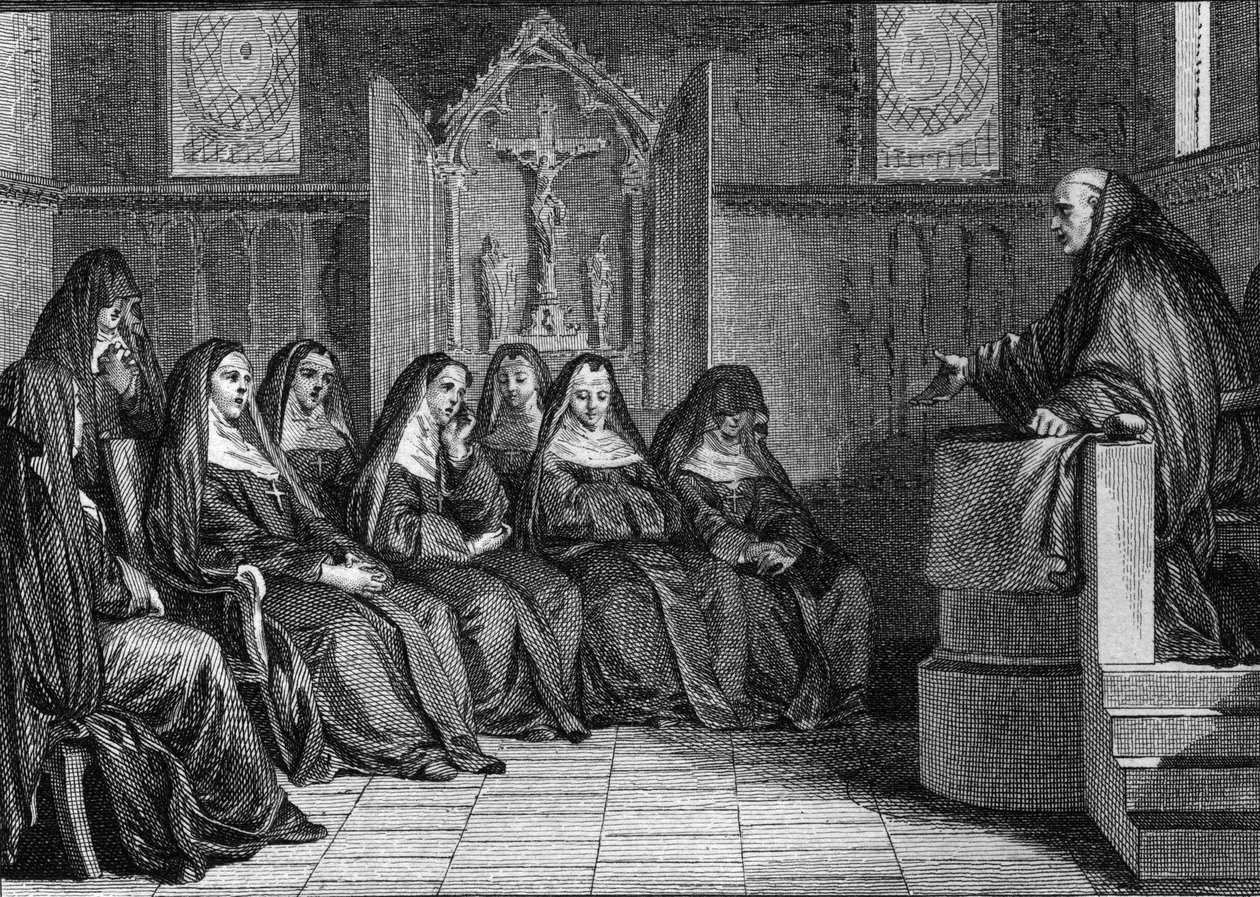 Abelard und Heloise: Pierre Abelard wurde Mönch der Abtei Saint Denis. Gravur von Jean Michel Moreau, genannt Moreau le Jeune. von Jean Michel the Younger Moreau