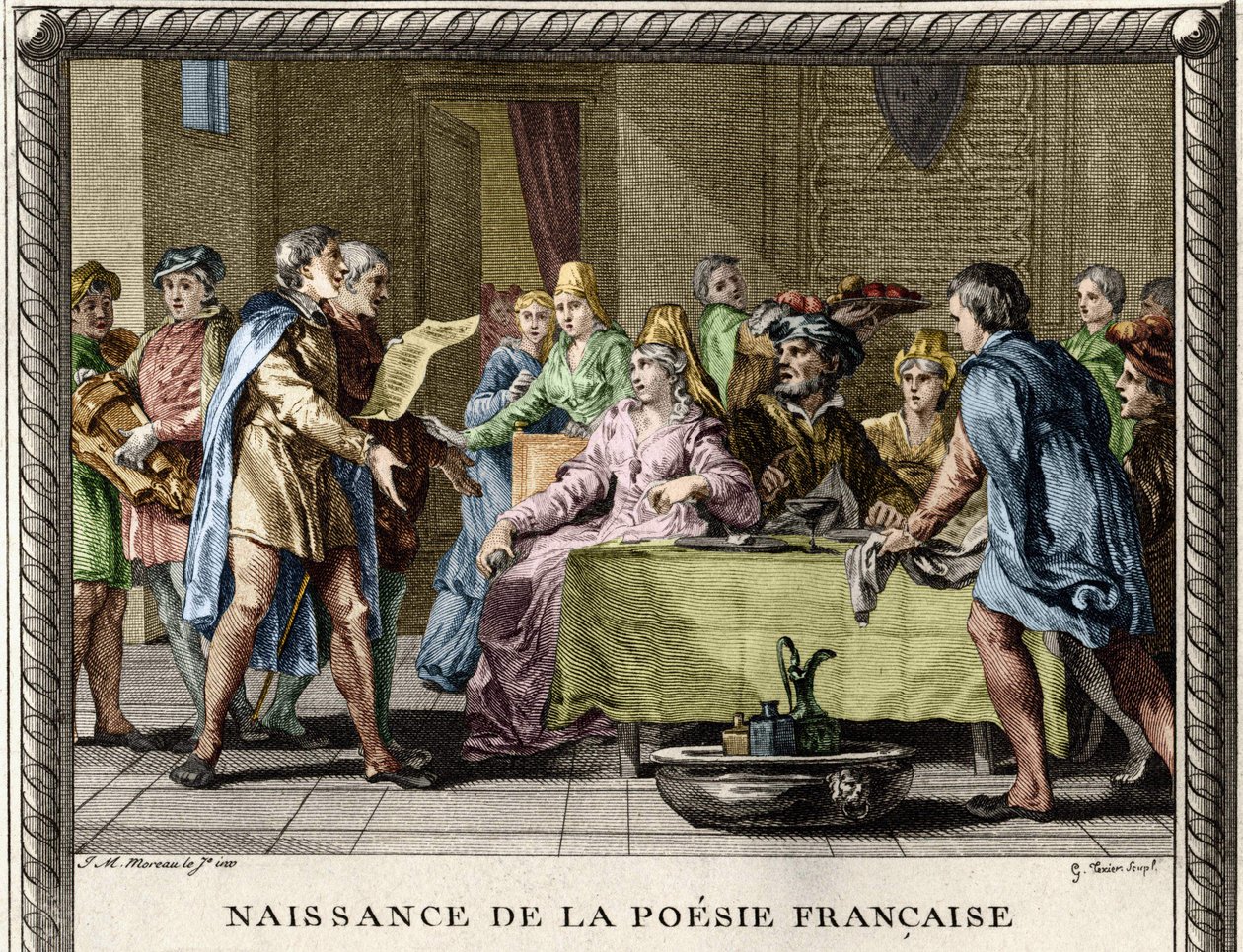 Geburt der französischen Poesie: Troubadoure, gefolgt von Gauklern und Minnesängern, rezitieren die ersten Gedichte auf Französisch während der Festlichkeiten unter den Adligen im 12. Jahrhundert. Gravur von Moreau le Jeune von Jean Michel the Younger Moreau