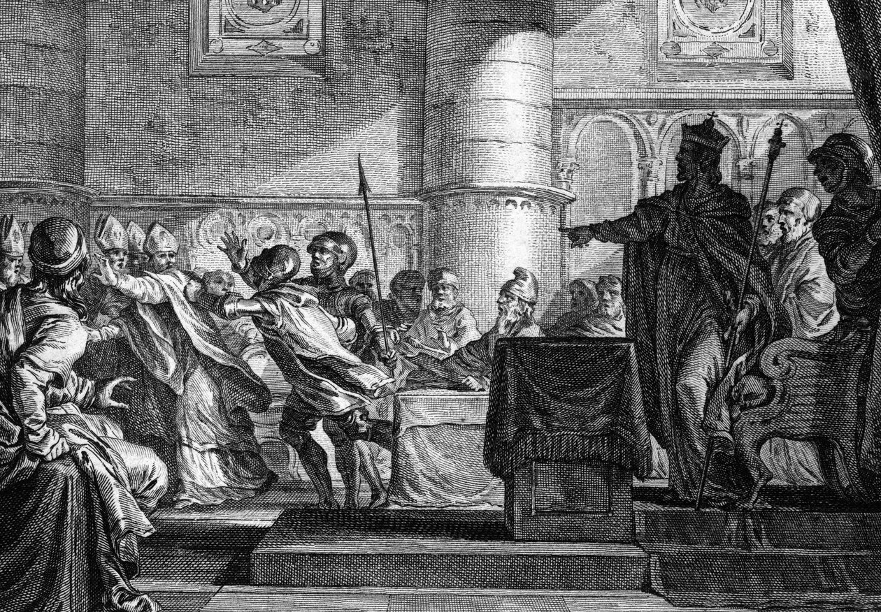 Klerus zwischen Klerus und Adel versammelt im Parlament in Epernay (Marne) durch Karl den Kahlen (846). Gravur von J. P. Le Bas nach Moreau le jeune. 18. Jahrhundert. von Jean Michel the Younger Moreau