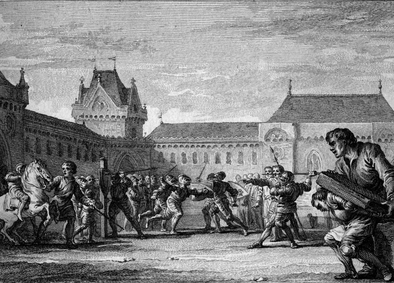 Einrichtung von Pagen: Ausbildung in den körperlichen und häuslichen Aufgaben des Pagenberufs. Karolingische Zeit, Herrschaft von Karl dem Großen, 8.-9. Jahrhundert. Gravur von Jean Michel Moreau, genannt Moreau le Jeune (1741-1814) von Jean Michel the Younger Moreau