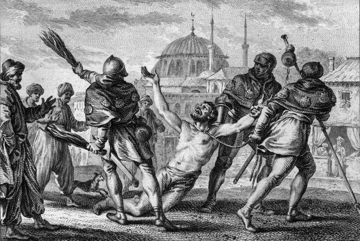 Nerra coots, Graf von Anjou, Pilgerfahrt nach Jerusalem. Er wird nackt, mit einem Seil um den Hals, durch die Straßen der Stadt geschleift, während einer seiner Knappen ihn mit Ruten peitscht und um Gnade von Gott bittet. 11. Jahrhundert. Gravur von Jean M von Jean Michel the Younger Moreau