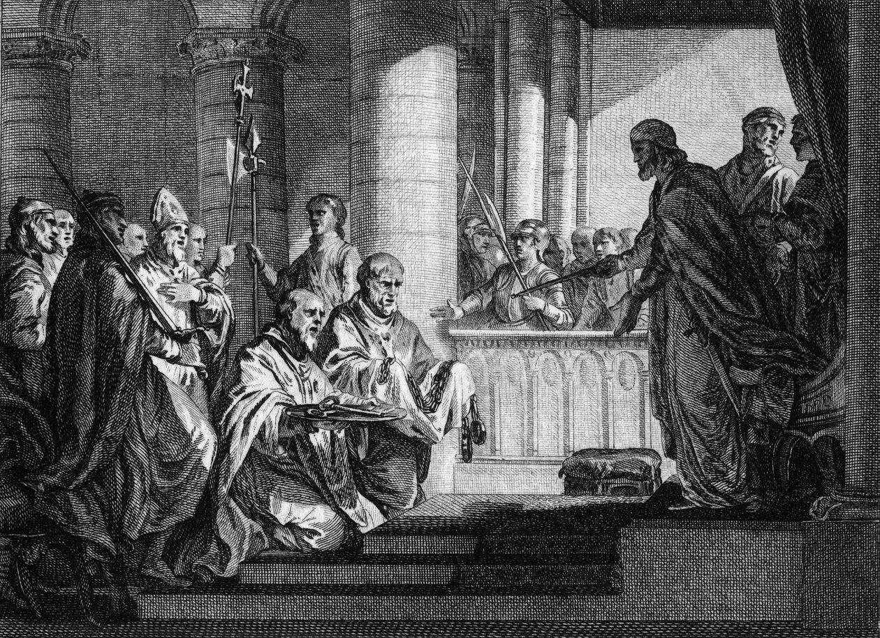 Papst Gregor III. (gestorben 741) bat den König der Franken, Karl Martell (688-741), um Hilfe, um die lombardischen Truppen Italiens abzuwehren, 741. (Gravur von Jean Michel Moreau, genannt Moreau le Jeune) von Jean Michel the Younger Moreau