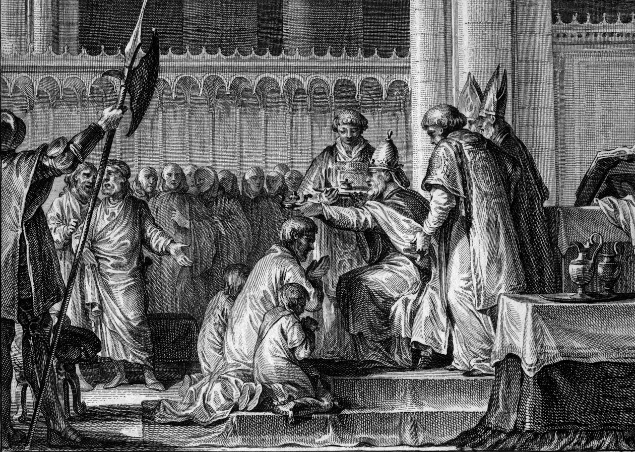 Krönung von Pippin dem Jüngeren (714-768), Basilika Saint-Denis, 28. Juli 754: Papst Stephan II. weihte ihn zum König der Franken und Patricius Romanorum. An seiner Seite seine beiden Söhne, Karlmann und Karl (der zukünftige Karl der Große). Gravur. von Jean Michel the Younger Moreau