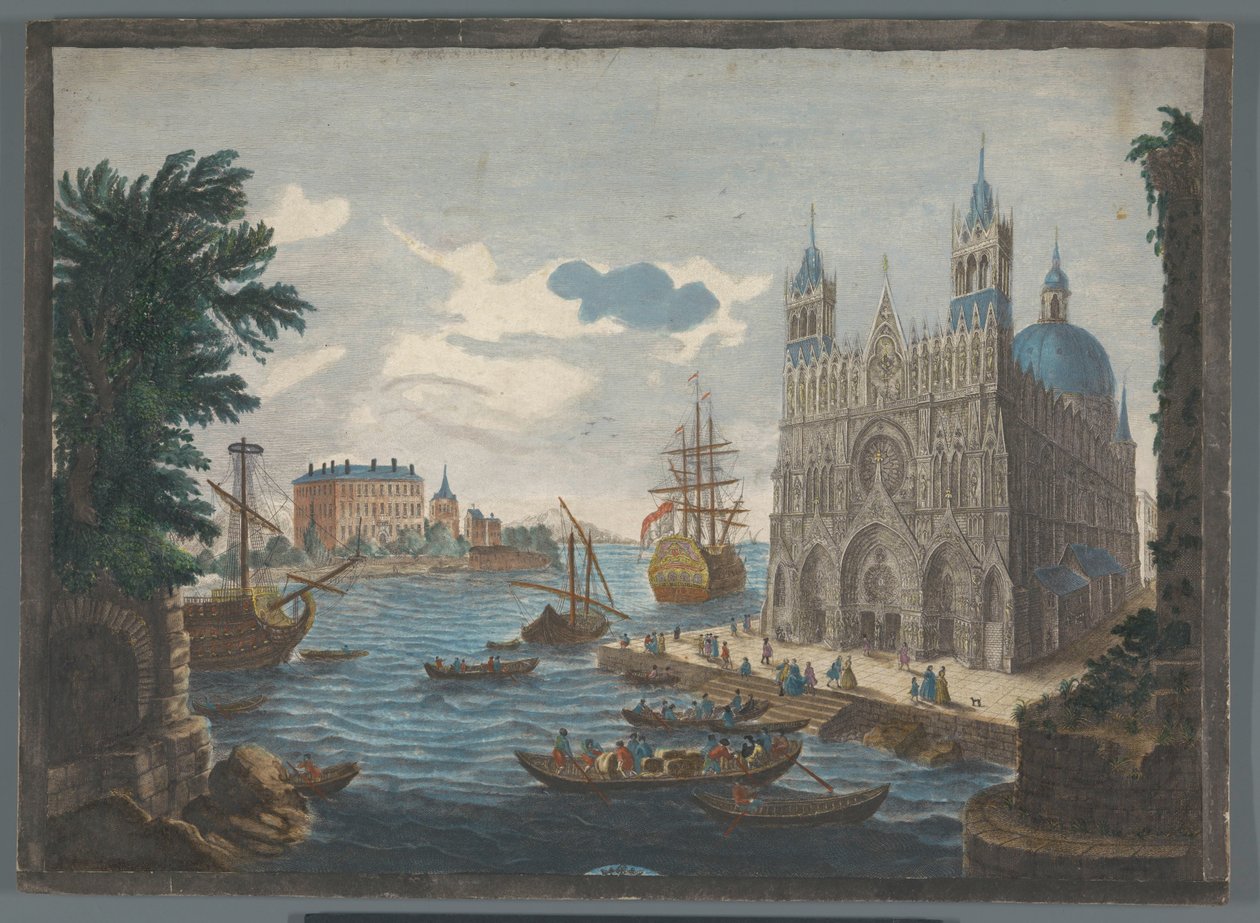 Ansicht einer gotischen Kathedrale am Wasser von Jean Moyreau