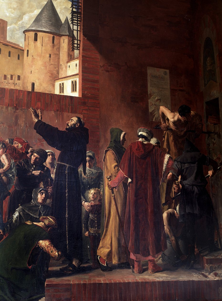 Befreiung der Gefangenen von Carcassonne. Im August 1303 kommen die Menschen von Carcassonne und Albi, um die vielen Gefangenen aus den Kerkern der Inquisition zu befreien - Bernard Delicieux versucht, die Menge zu beruhigen, die seine Reden amüsierten - D von Jean Paul Laurens