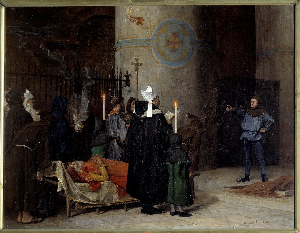 Begräbnis von Wilhelm dem Eroberer (1027-1087), König von England von 1066 bis 1087 (1087), in der Abtei aux Hommes (Abbaye-aux-Hommes) von Caen. Ein Mann namens Asselin unterbricht die Zeremonie. von Jean Paul Laurens