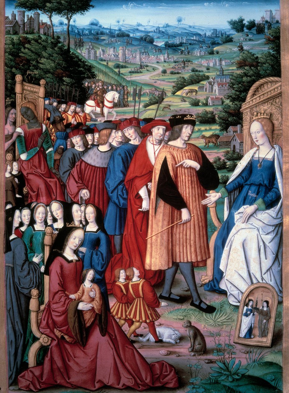Allegorie: Vernunft und Mensch. Der König von Frankreich Ludwig XII. (1462-1515) schreitet auf die Vernunft zu, die seine Frau Königin Anne von Bretagne (1477-1514) entwirft von Jean Pichore