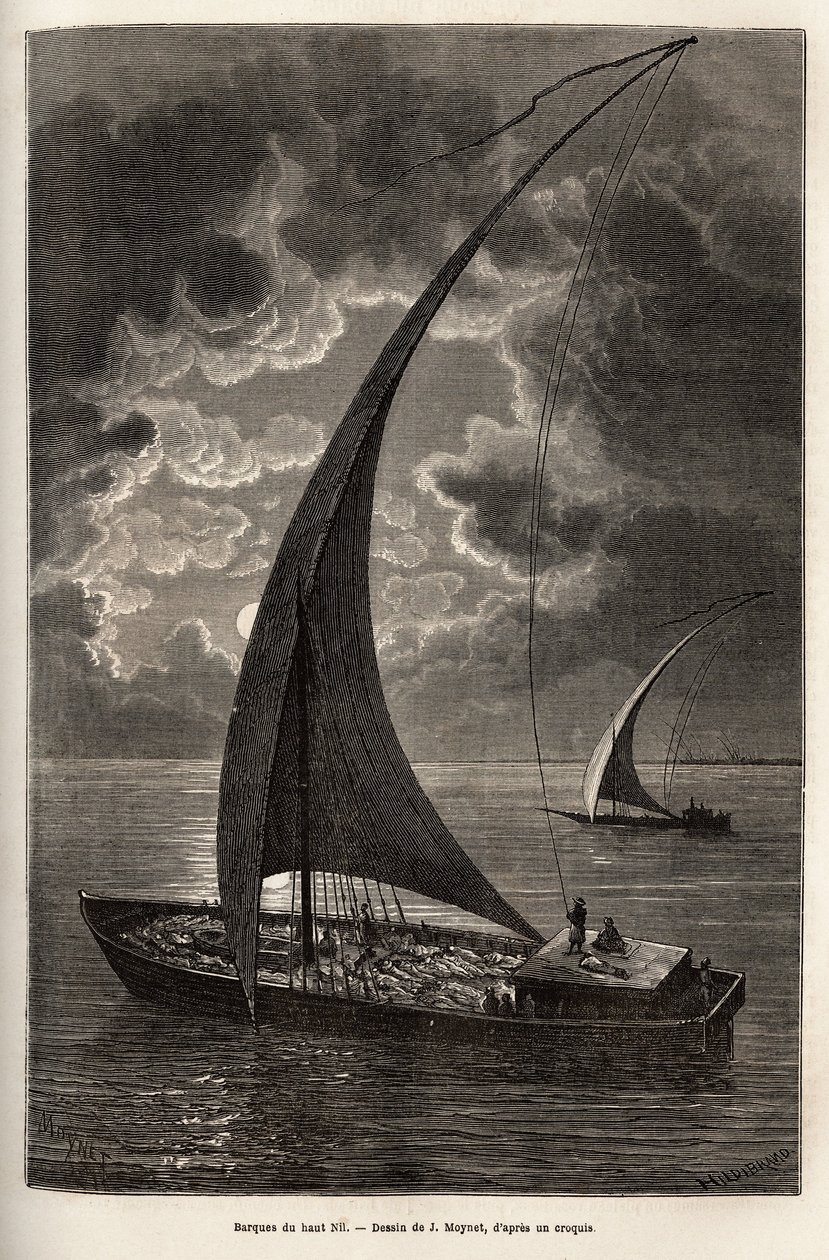 Die Boote des oberen Nils, reduzierte Besatzung und Passagiere schlafen an Deck, im Mondlicht, Gravur nach J. Moynets Zeichnung, zur Illustration der Reise ins Herz Afrikas 1868-1871, von Dr. Georges Schweinfurth, veröffentlicht in „Le Tour du Monde“ 1874, von Jean Pierre Moynet
