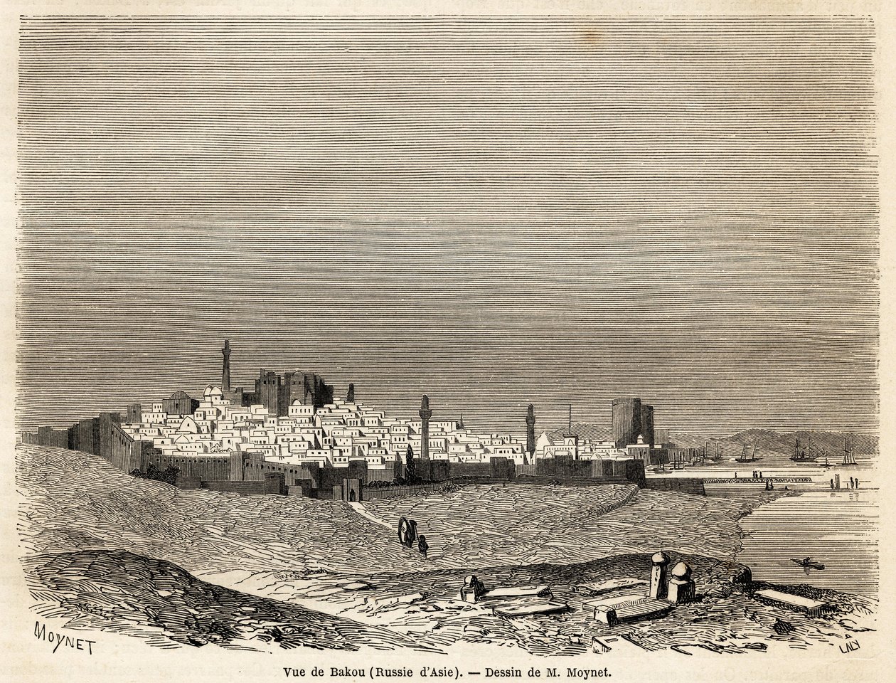 Ansicht von Baku (Russland, Aserbaidschan), Zeichnung von Mr. Moynet, zur Illustration der Reise an die Küste des Kaspischen Meeres im Oktober 1858 von Mr. Moynet. Gravur in „Le tour du monde, nouveau journal des voyages“ Paris von Jean Pierre Moynet