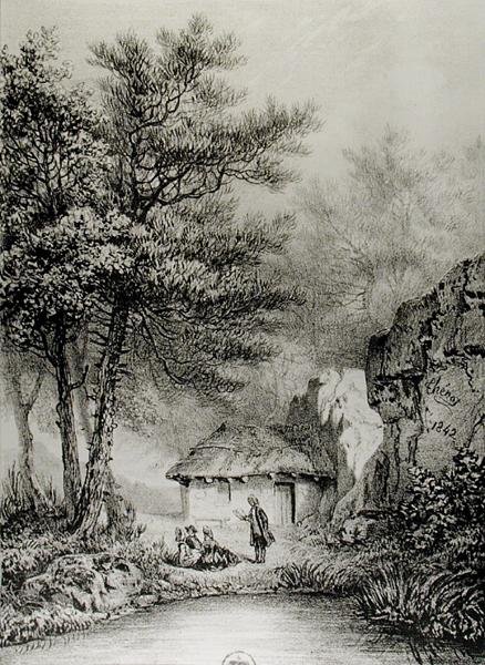 Jean-Jacques Rousseaus Hütte in Ermenonville, 1842 von Jean Pierre after Thenot