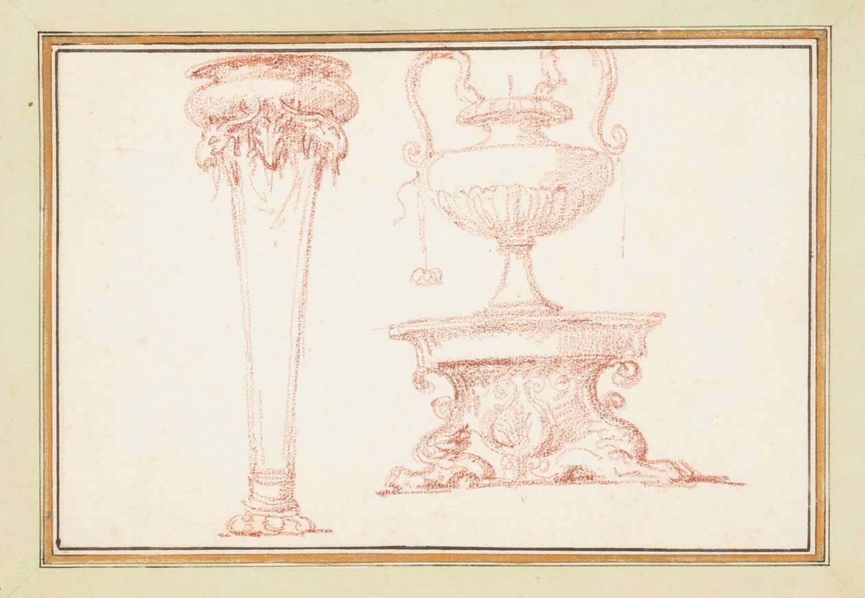 Gebundenes Zeichnen, eine Vase und eine Lampe auf einem Ständer, in Dessins d