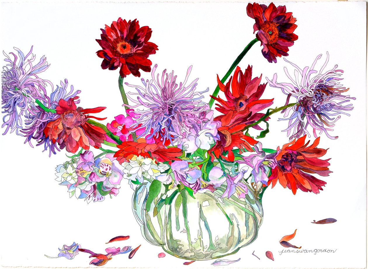 Gerbera, Stern von Bethlehem, Spinnenchrysanthemen, Heisey-Krug von Jean Swan Gordon