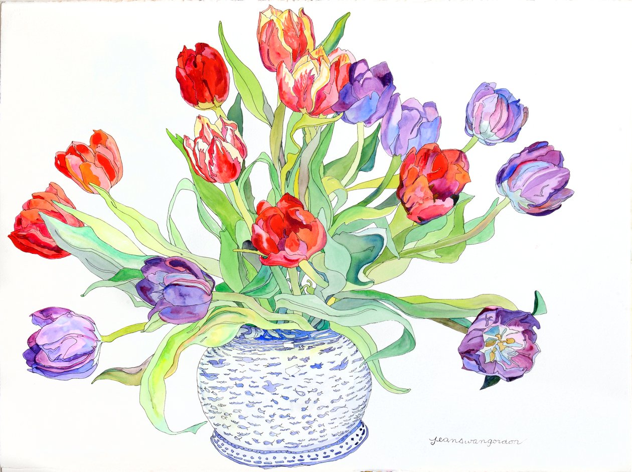 Tulpen in Schale mit bemaltem Fisch- und Vogeldesign, 2006 von Jean Swan Gordon