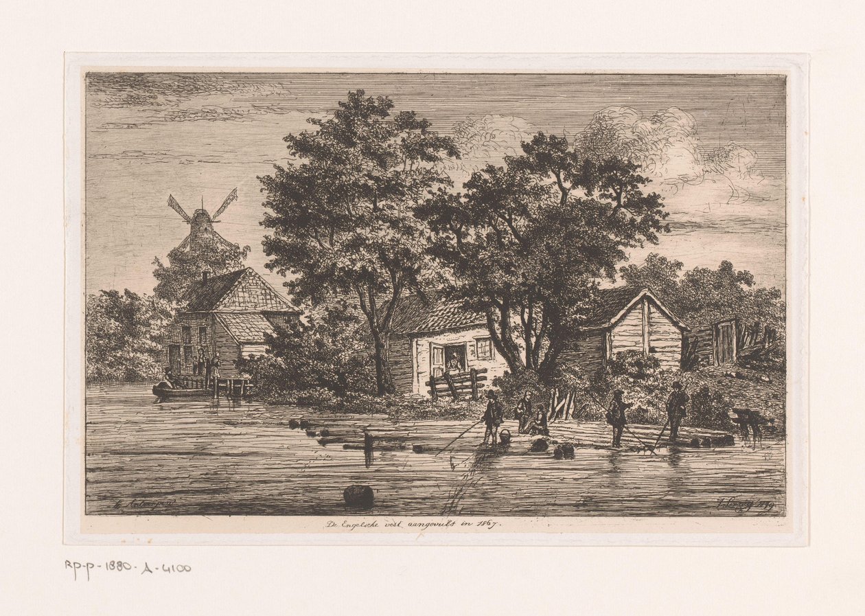 Ansicht der englischen Festung in Antwerpen, auf der Baumstämme gesammelt werden, im Hintergrund Gebäude und eine Mühle von Jean Théodore Joseph Linnig