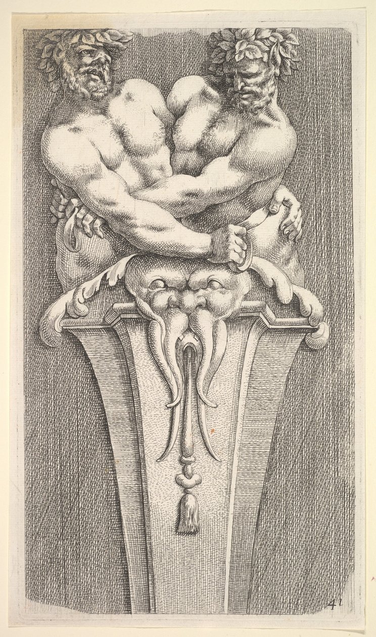 Entwurf für einen Pfeiler mit zwei bacchischen Figuren, aus: Curieuses recherches de plusieurs beaus ..., 1645 von Jean le Pautre