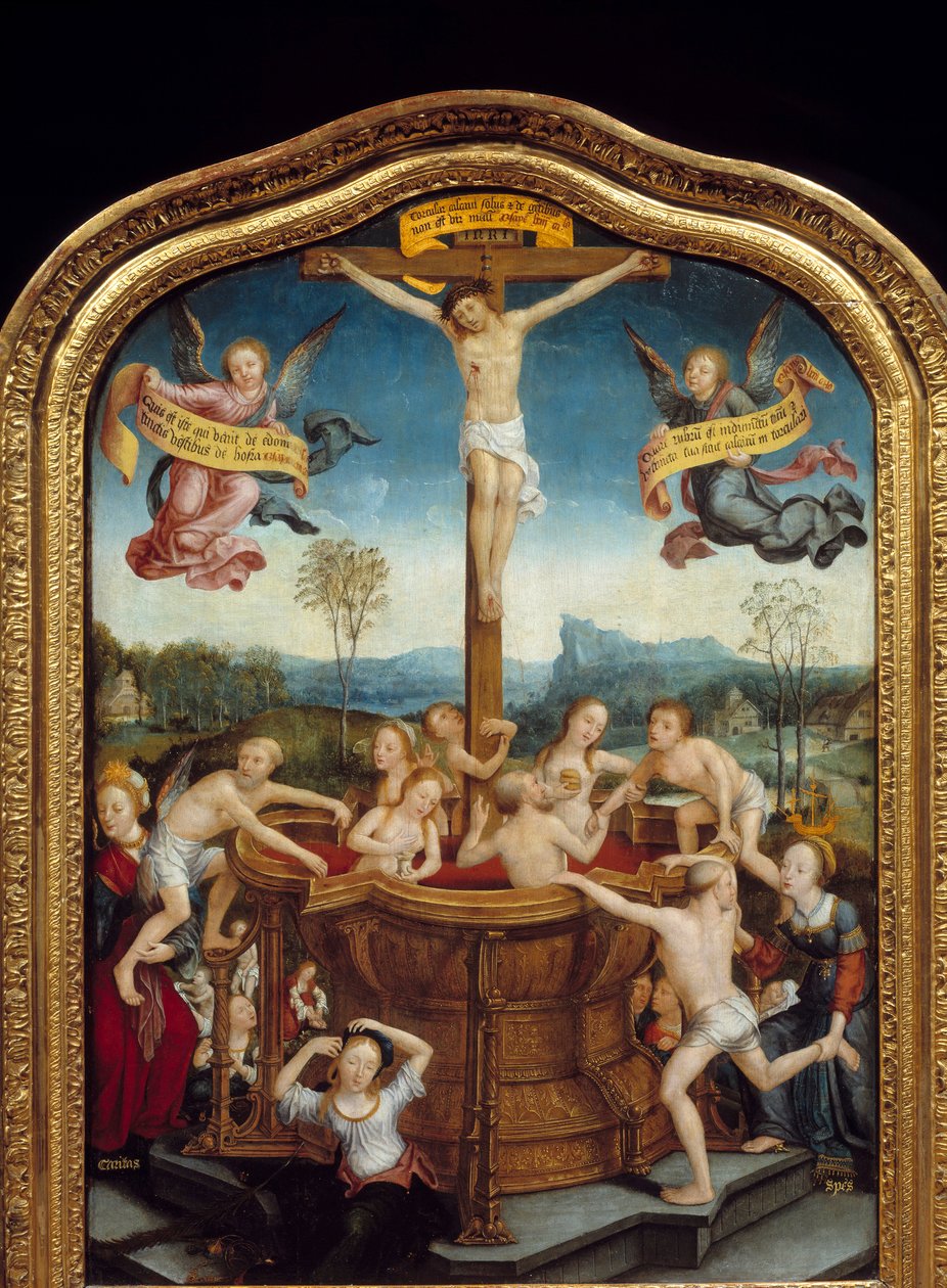 Das mystische Bad. Am Fuße des Kreuzes, an dem Christus gekreuzigt ist, baden Männer und Frauen in einem Brunnen aus Blut des Messias. Zentraler Teil des Triptychons. Malerei auf Holz von Jean Bellegambe dem Älteren (1470-1535) 1510-1520 von Jean the Elder Bellegambe