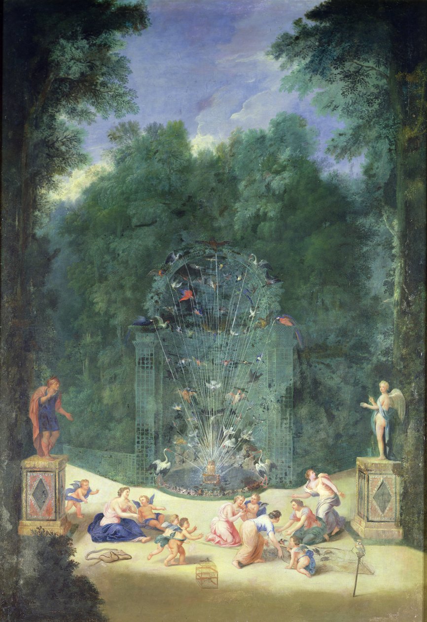 Die Haine von Versailles: Blick auf den Eingang zum Labyrinth mit Vögeln, Nymphen und Cheruben, 1688 von Jean the Younger Cotelle
