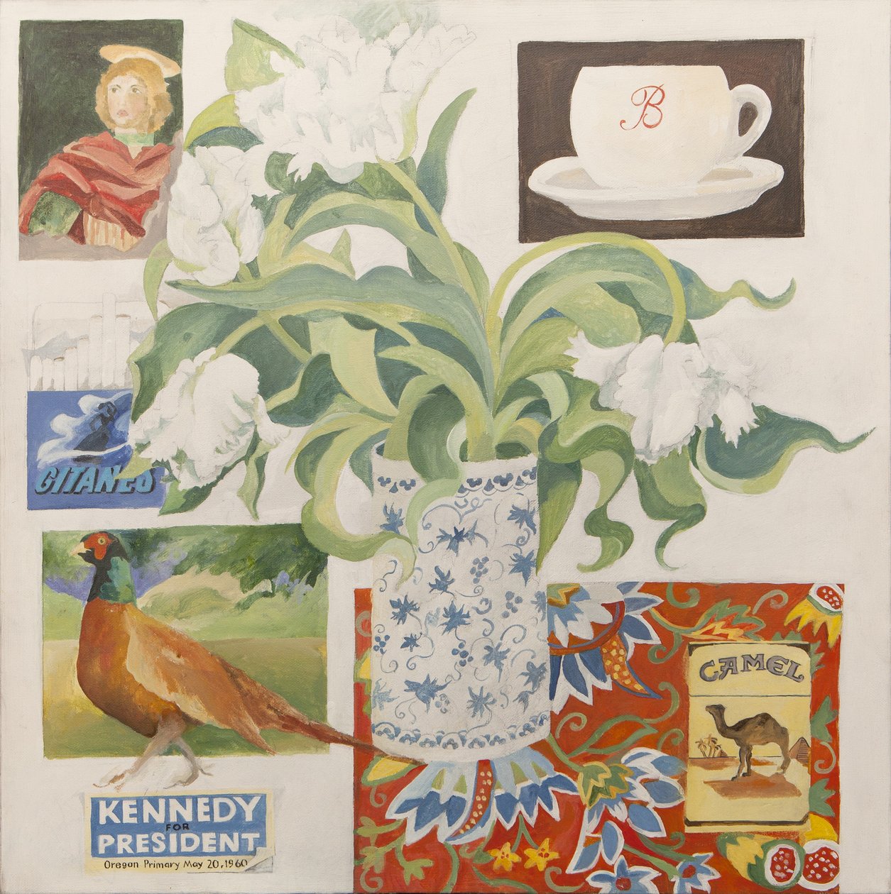 Ephemera, einschließlich Kaffeetasse, Zigarettenschachteln; Postkarte und Tulpen von Jennifer Abbott