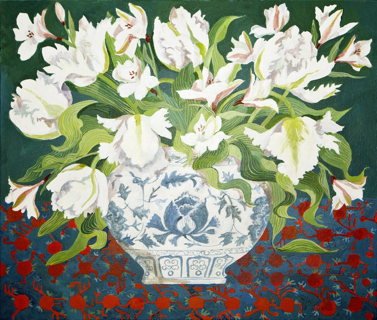 Weiße Doppeltulpen und Alstroemerien, 2013 von Jennifer Abbott