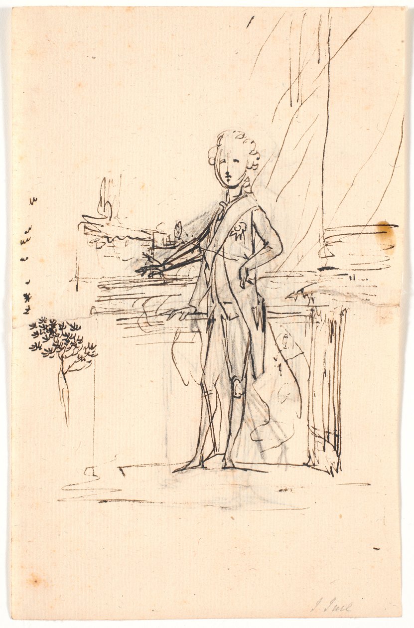 Kompositionsentwurf für ein Ganzkörperporträt von Friedrich dem Sechsten als junger Kronprinz. Stehend an einem Tisch, en face nach links von Jens Juel
