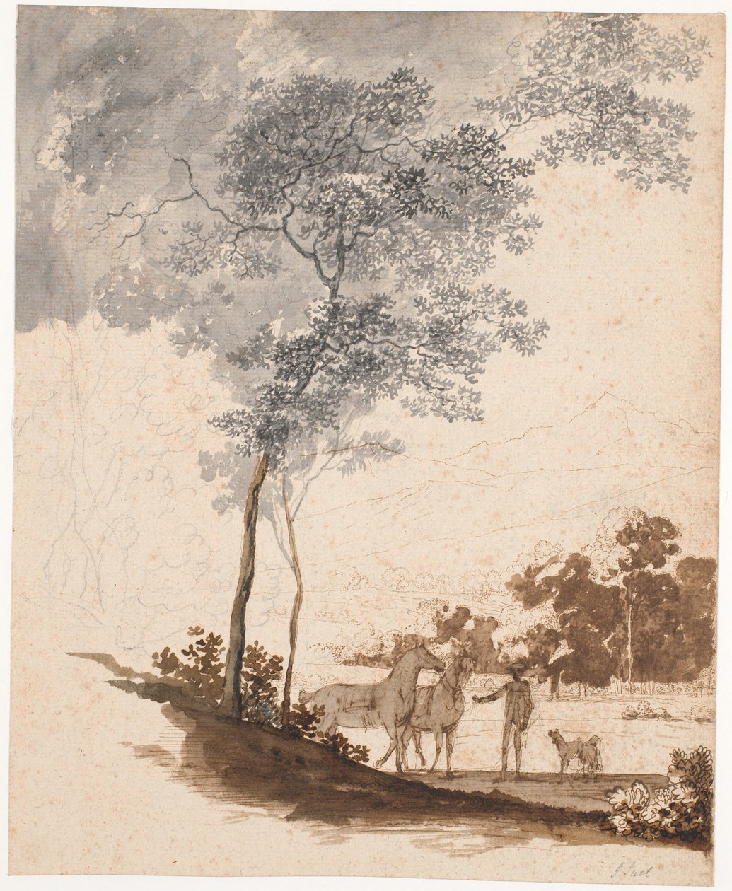 Schweizer Landschaft mit einem Reiter, der zwei Pferde und ein paar Hunde hält; Studie zum Porträt von Jean-Armand Tronchin von Jens Juel